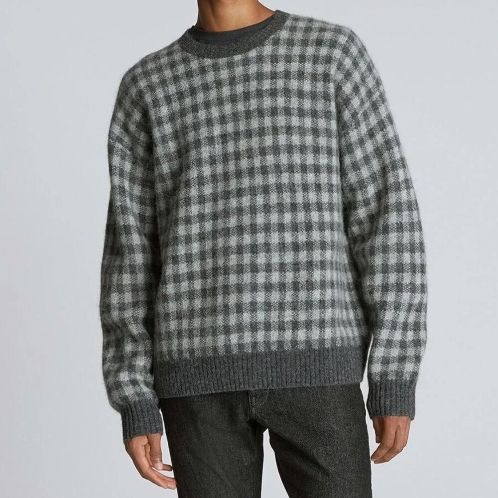 Everlane‎ The Alpaca Crewneck Sweater Size L Heather Grey Buffalo Check Medium